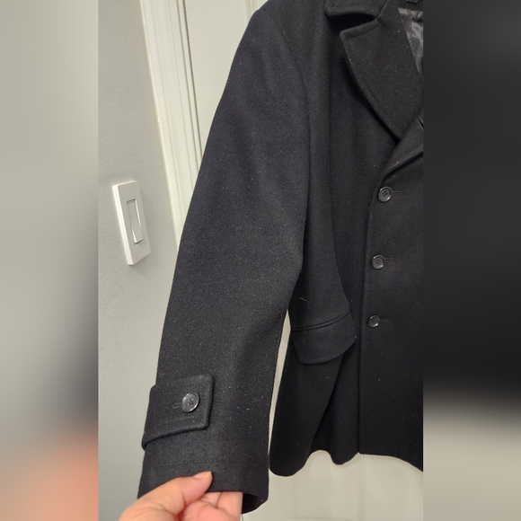 Banana Republic Wool Peacoat Jacket Mens Large Black Plaid Double Breasted - Picture 2 of 15